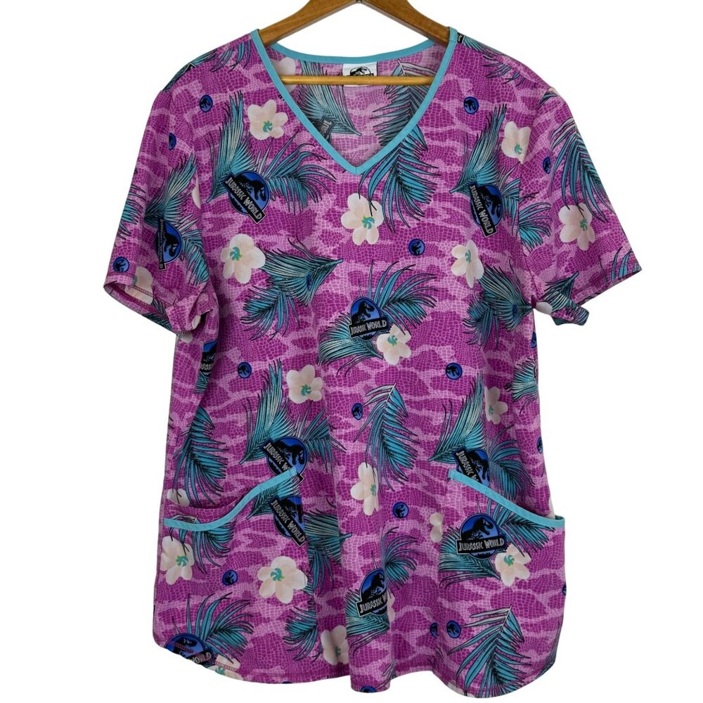 Jurassic World Womens V-Neck Scrub Top Sz XXL? Pockets Pink Blue Floral TRex